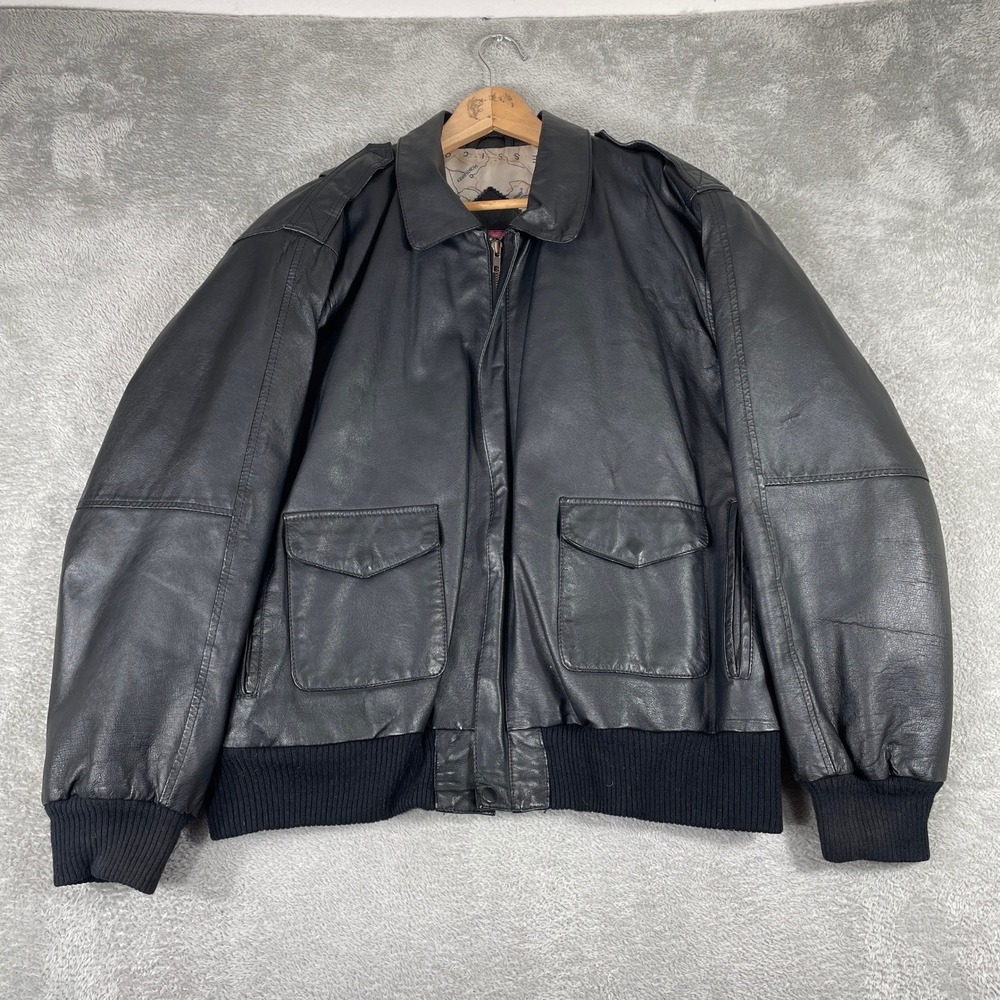 Burks Bay Leather‎ Bomber Jacket Mens Large Black Aviator Flight Map Lining